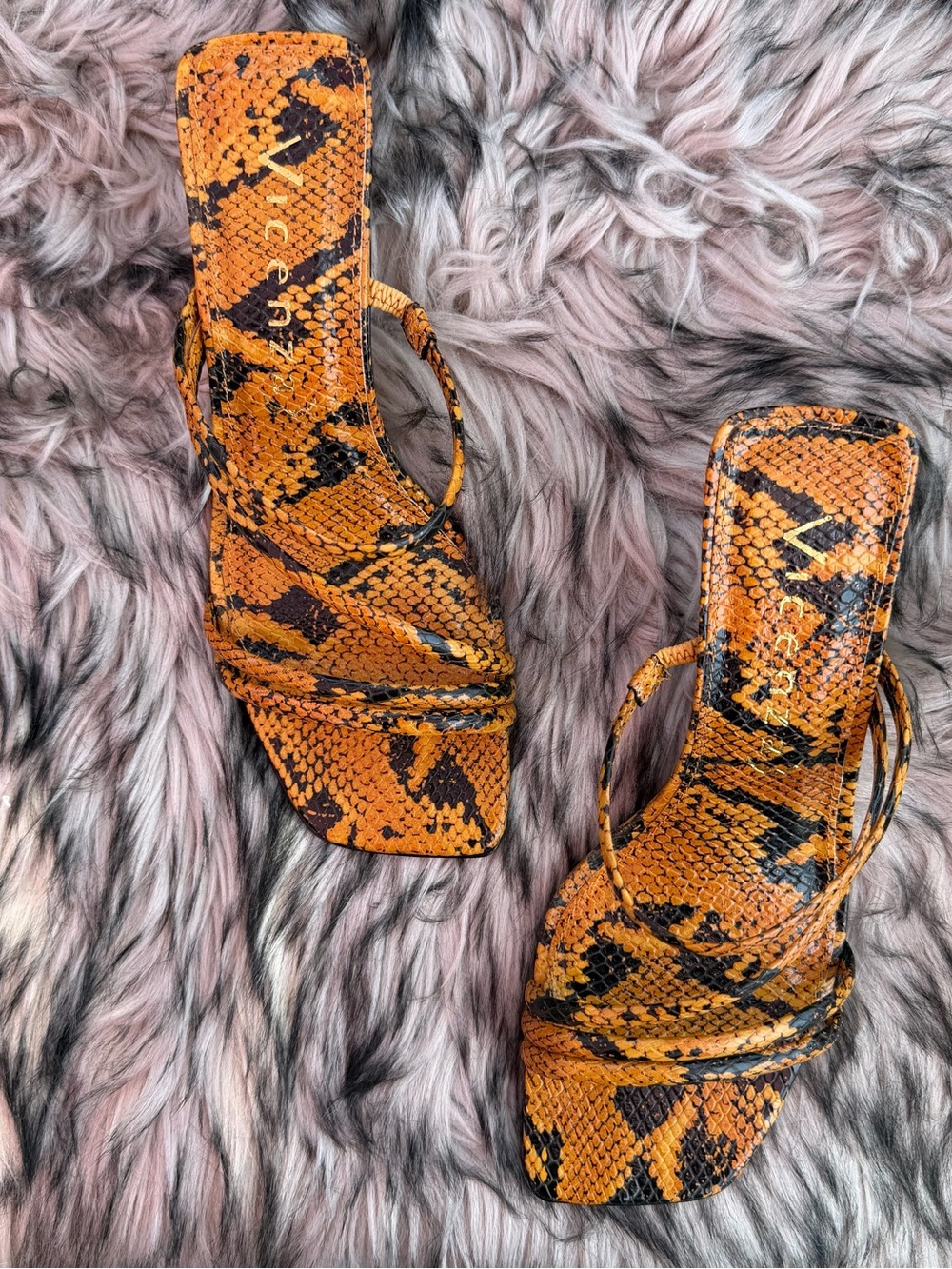 Vicenza Orange and Black Snake-Print Square-Toe Slide Heels